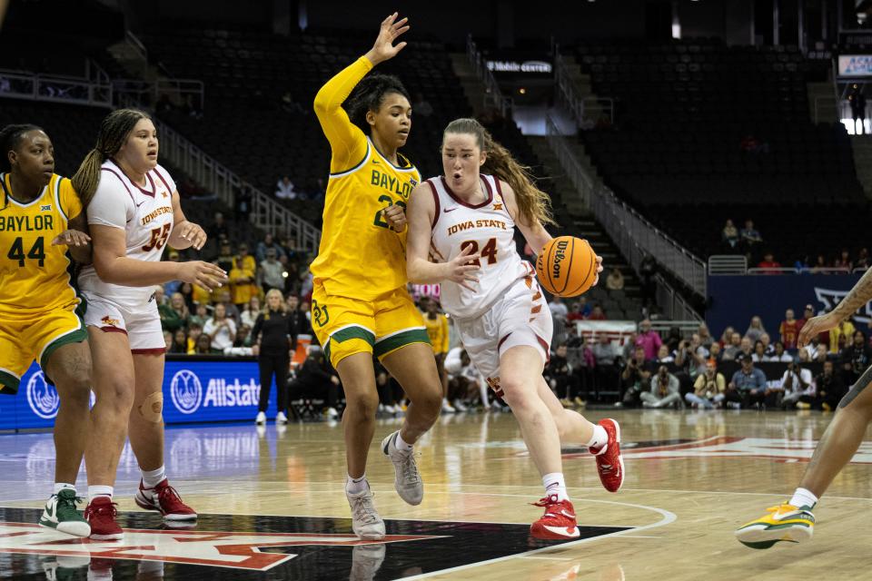 Iowa State's Addy Brown handles the ball while defended by Baylor's Bella Fontleroy during the Big 12 Tournament on March 9 in Kansas City.