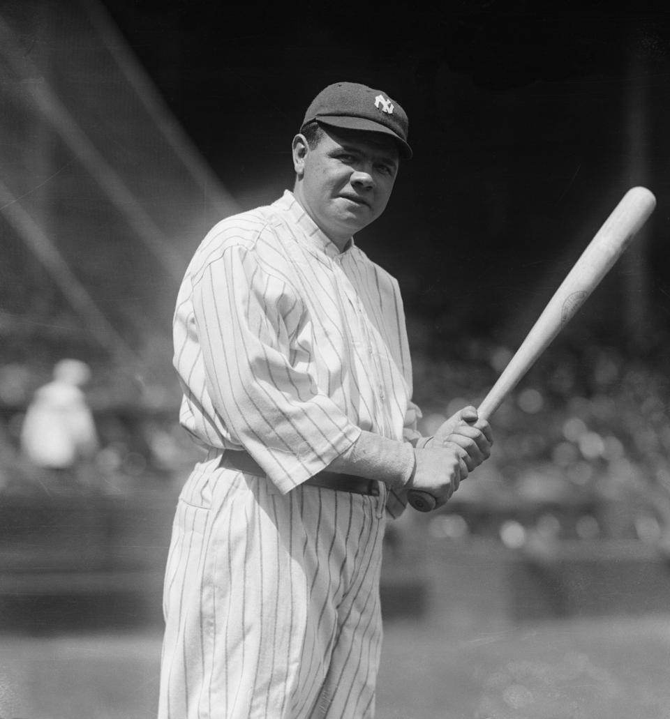 Ruth before the Yankees' 1920 season opener at the Polo Grounds. (Bettmann Archives/Getty Images)