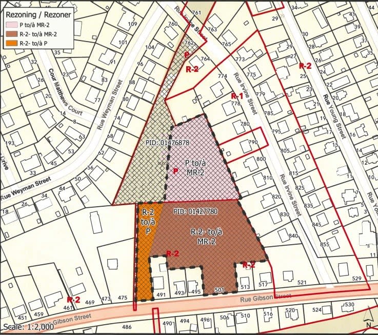 The application seeks to have two properties, one being zoned parkland, rezoned to allow townhouses as tall as three storeys.