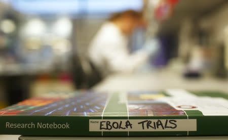 An Ebola trials notebook is seen in a laboratory during trials for an Ebola vaccine at The Jenner Institute in Oxford, southern England January 16, 2015. REUTERS/Eddie Keogh