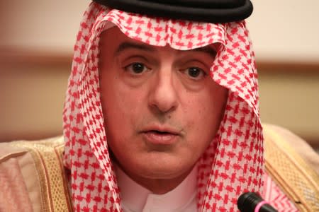 Saudi Arabia's FM Adel al-Jubeir speaks at a briefing with reporters in London