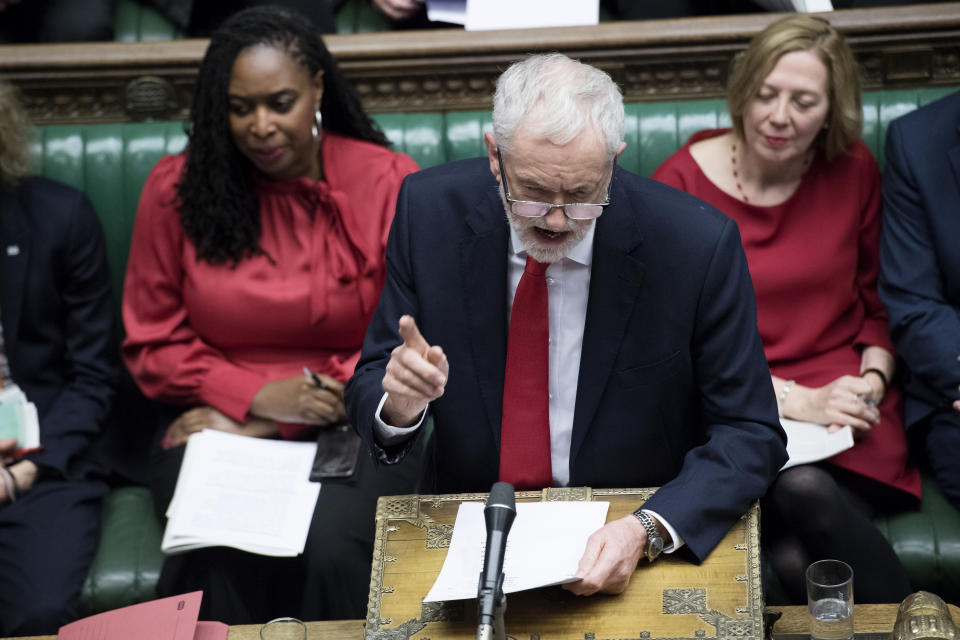 Britain's opposition Labour Party leader Jeremy Corbyn speaks during a debate before a no-confidence vote on Prime Minister Theresa May raised by Corbyn, in the House of Commons, London, Wednesday Jan. 16, 2019. In a historic defeat for the government Tuesday, Britain's Parliament discarded May's Brexit deal to split from the European Union, and May now faces a parliamentary vote of no-confidence Wednesday. (Mark Duffy, UK Parliament via AP)