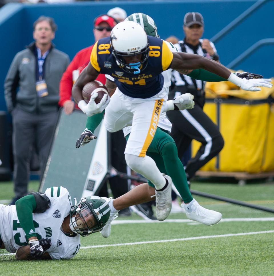 Kent State University hosted Ohio University for the 2022 Homecoming game on Saturday, October 1. The Golden Flashes win in overtime, 31-24. Devontez Walker break free of defender Zack Sanders and gets more yards.