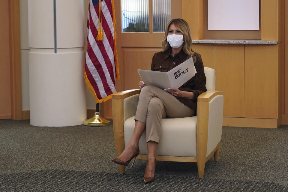 First lady Melania Trump reads from a prepared statement during a round table discussion at Concord Hospital, Thursday, Sept. 17, 2020, in Concord, N.H. (AP Photo/Mary Schwalm)