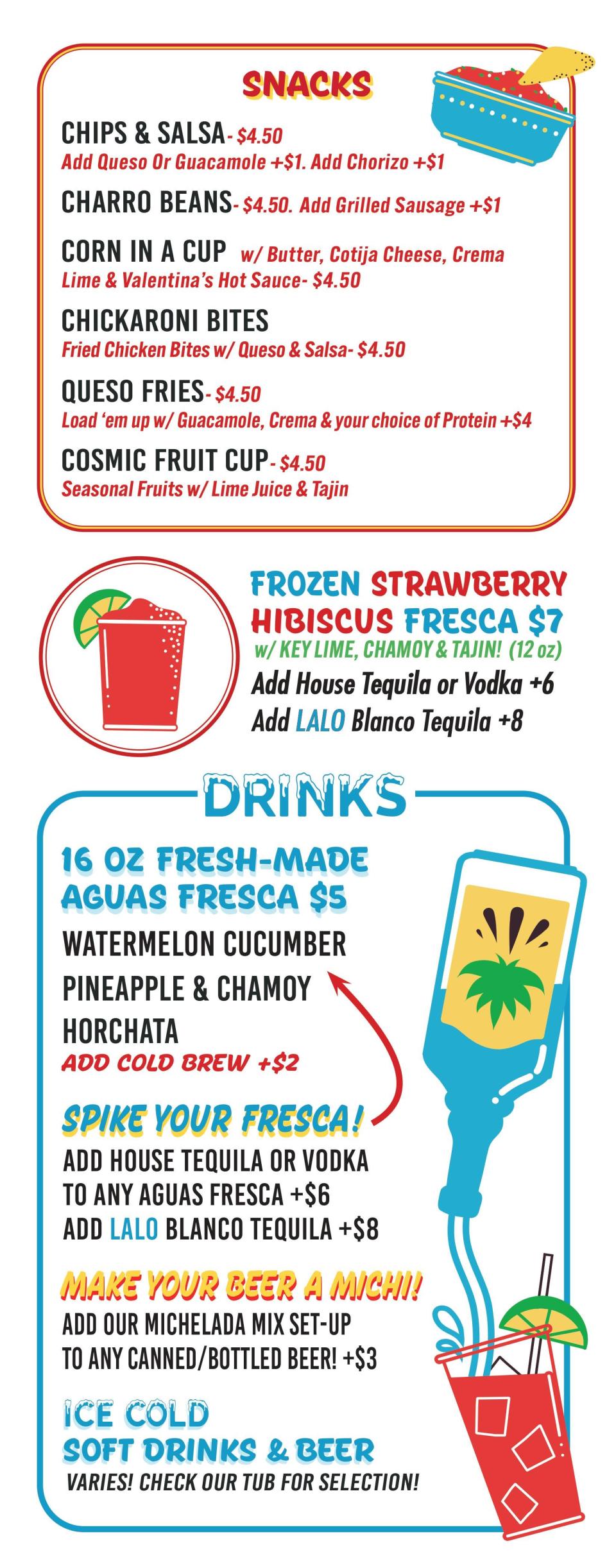 The drinks menu at Cosmic Tacos features housemade aguas frescas that can be spiked with booze.