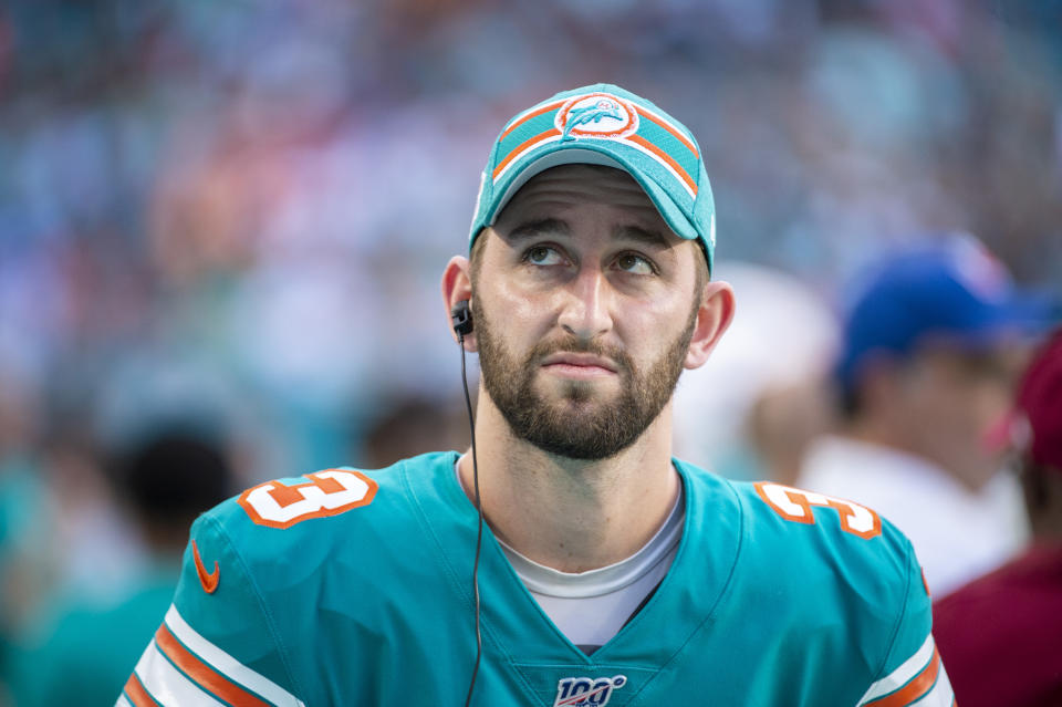 MIAMI GARDENS, FL - DECEMBER 01: Miami Dolphins Quarterback Josh Rosen (3) on the sidelines during the NFL game between the Philadelphia Eagles and the Miami Dolphins at the Hard Rock Stadium in Miami Gardens, Florida on December 1, 2019. (Photo by Doug Murray/Icon Sportswire via Getty Images)