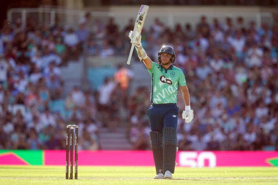 Oval Invincibles’ Sam Curran celebrates reaching his half-century (Adam Davy/PA) (PA Wire)