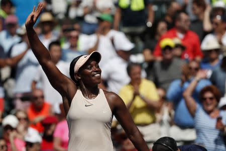 Mar 29, 2018; Key Biscayne, FL, USA; Sloane Stephens of the United States waves to the crowd after her match against Victoria Azarenka of Belarus (not pictured) in a women's singles semi-final of the Miami Open at Tennis Center at Crandon Park. Mandatory Credit: Geoff Burke-USA TODAY Sports