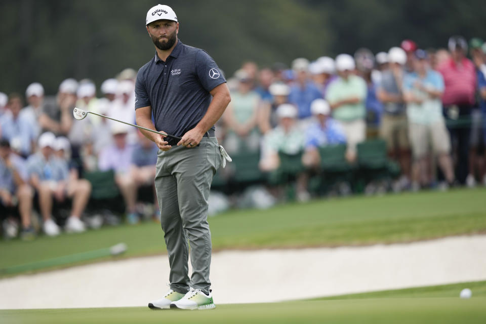 Jon Rahm, of Spain, reacts after missing a putt on the 17th hole during the first round of the Masters golf tournament at Augusta National Golf Club on Thursday, April 6, 2023, in Augusta, Ga. (AP Photo/David J. Phillip)