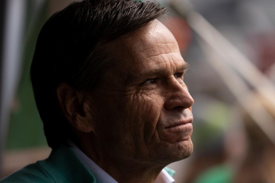 Brad Chambers, an Indiana Republican gubernatorial candidate, talks to people during the Indianapolis Firefighters Emerald Society’s St. Paddy’s Day Tent Party on Friday, March 15, 2024, in Indianapolis.