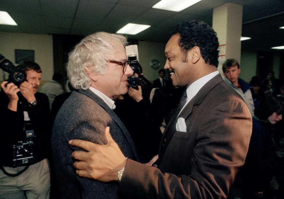 Sanders, the then-mayor of Burlington, Vermont, greets then-presidential candidate Jesse Jackson on Dec. 31, 1988. Supporters of Sanders' 2020 White House bid value his long history of progressive stances. (Photo: ASSOCIATED PRESS/Toby Talbot)
