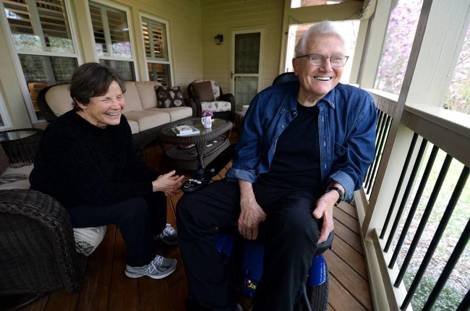 Eleanor and Lee Rose enjoy their back porch at their south Charlotte home on Friday, March 26, 2021. Lee Rose led the Charlotte 49ers to the Final Four in 1977.