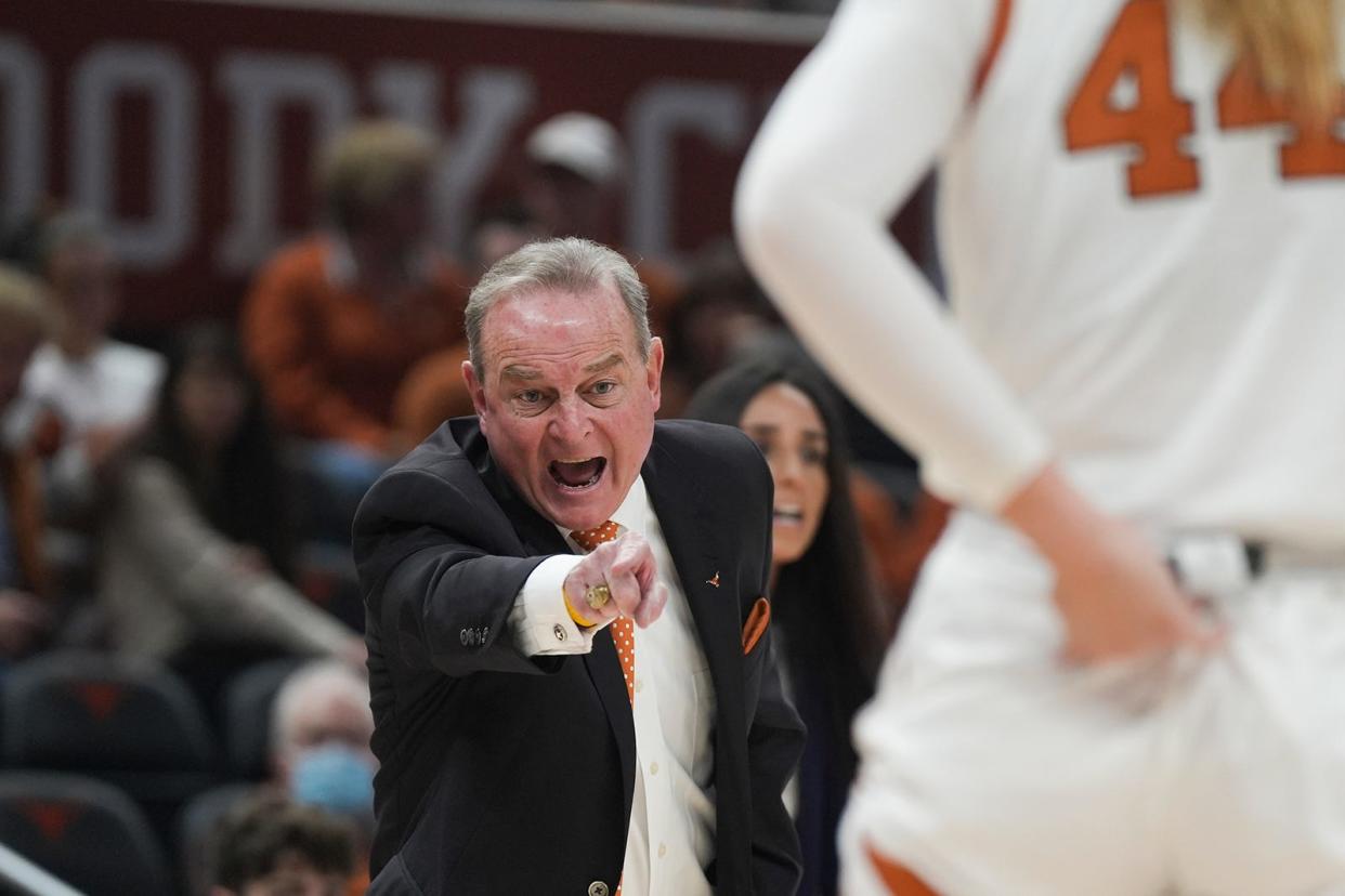Texas coach Vic Schaefer shouts instructions during the Longhorns' win over Kansas at Moody Center on Jan. 10. In six Big 12 games, UT has gone 3-0 at Moody but only 1-2 on the road.