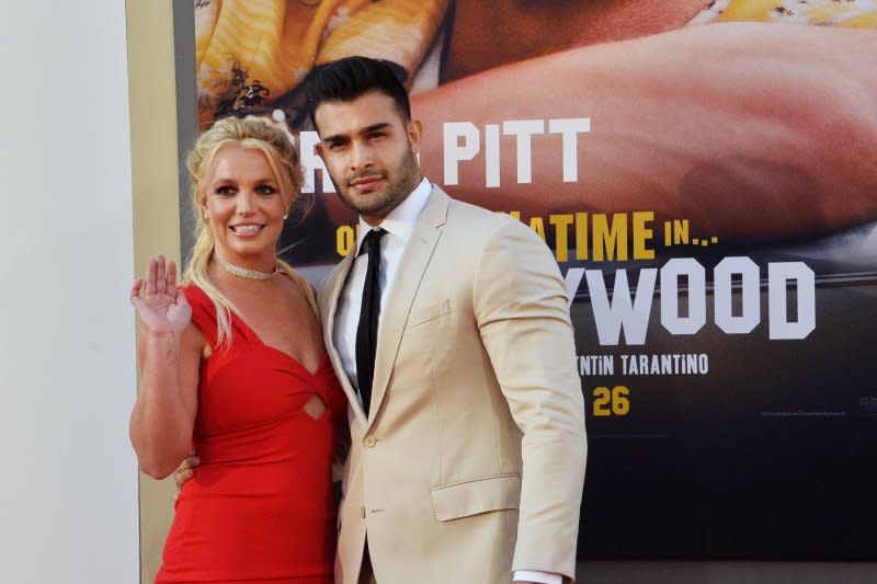 Britney Spears (L) and Sam Asghari attend the Los Angeles premiere of "Once Upon a Time in Hollywood" in 2019. File Photo by Jim Ruymen/UPI