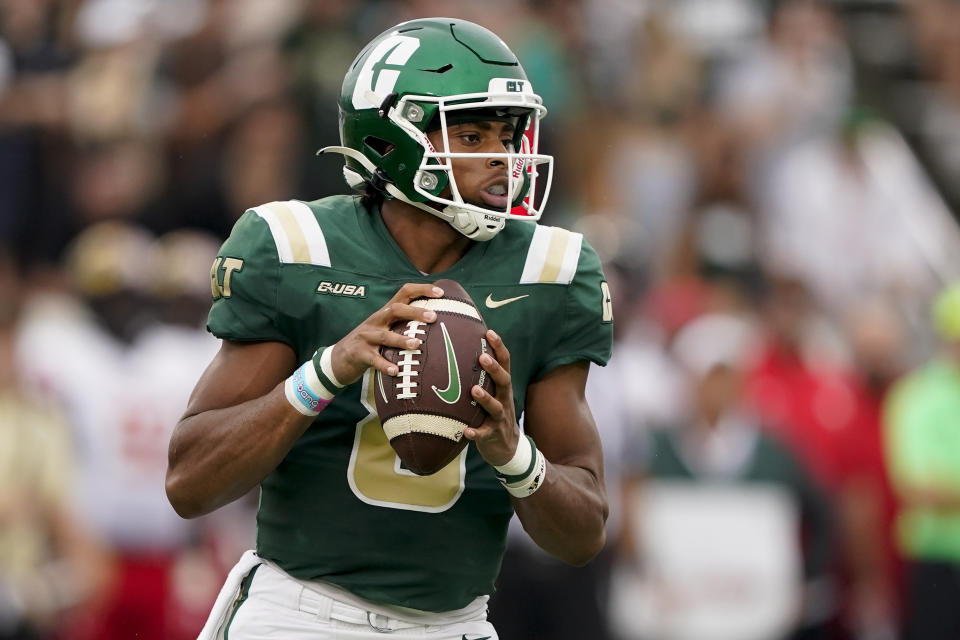 Charlotte quarterback Xavier Williams passes against Maryland during the first half of an NCAA college football game on Saturday, Sept. 10, 2022, in Charlotte, N.C. (AP Photo/Chris Carlson)