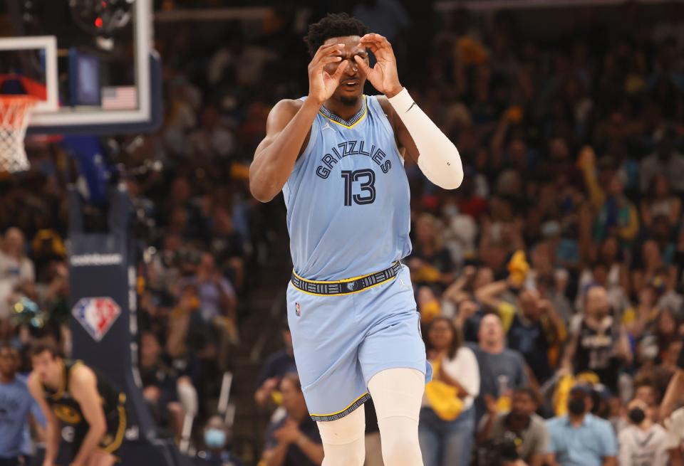 Second round: Grizzlies forward Jaren Jackson Jr. celebrates a big second-half bucket during Game 5 against the Warriors.