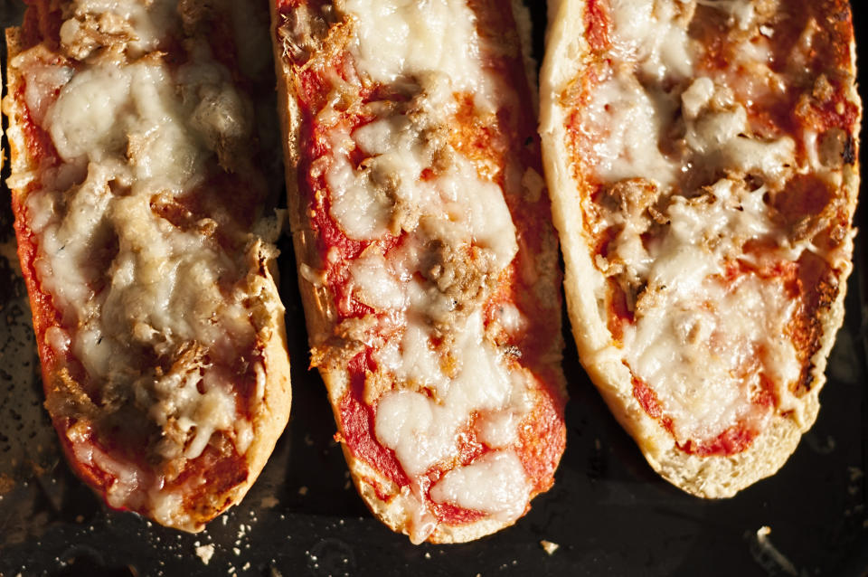 Pizza on baguette bread.