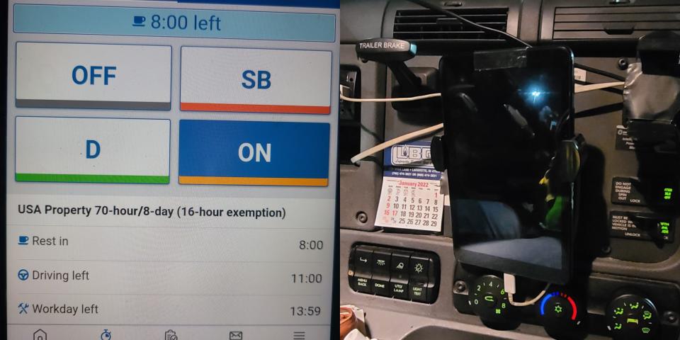 Indiana trucker Mark Rumps runs his Geotab E-Log ELD software on a Samsung tablet.