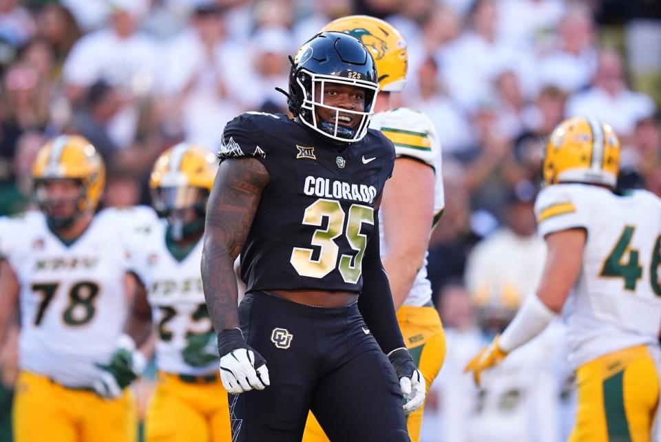 Aug 29, 2024; Boulder, Colorado, USA; Colorado Buffaloes defensive end BJ Green II (35) celebrates a play in the first half North Dakota State Bison at Folsom Field. Mandatory Credit: Ron Chenoy-USA TODAY Sports