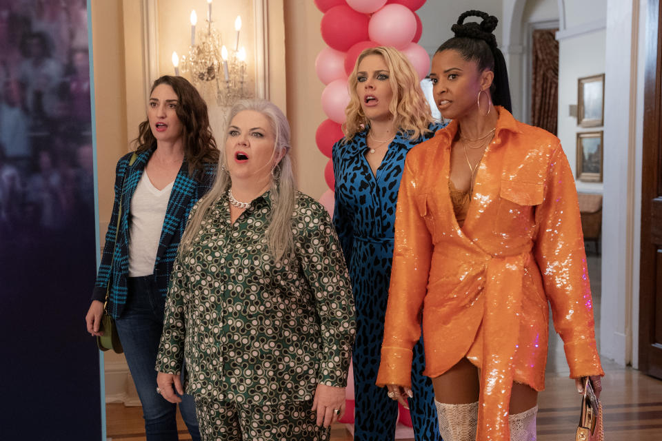 (L to R) Sara Bareilles as Dawn, Paula Pell as Gloria, Busy Philipps as Summer and Renee Elise Goldsberry as Wickie in Girls5eva (Emily V Aragones/Netflix)
