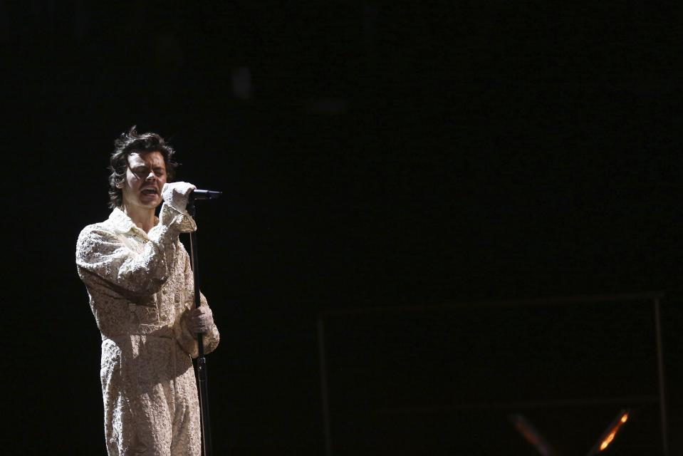 Harry Styles performs on stage at the Brit Awards 2020 in London, Tuesday, Feb. 18, 2020. (Photo by Joel C Ryan/Invision/AP)