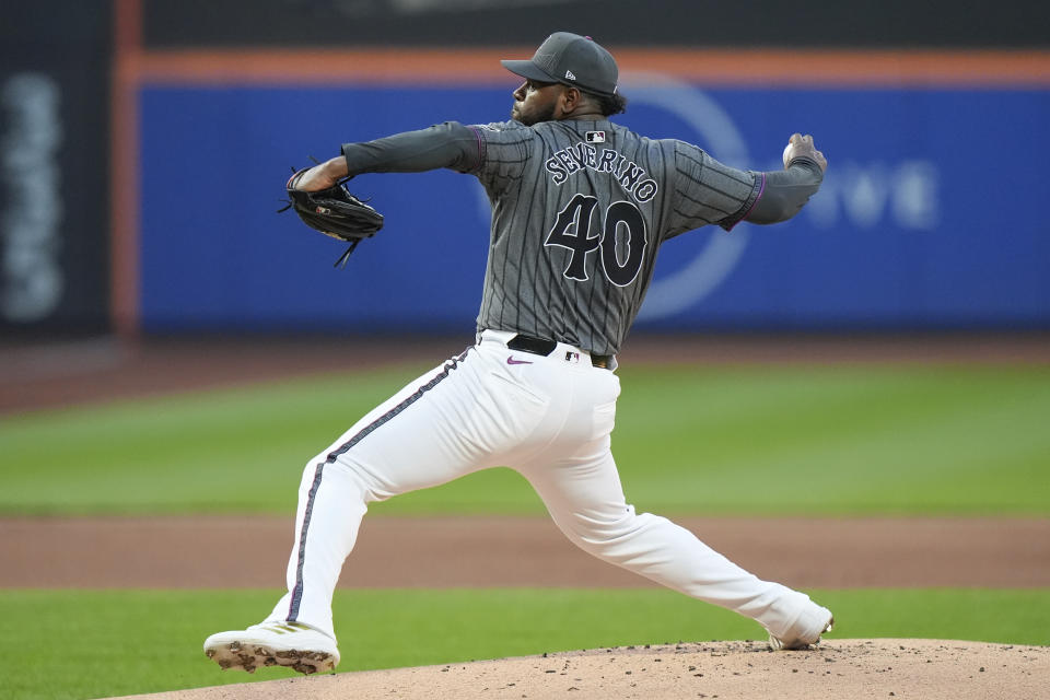 New York Mets' Luis Severino pitches during the first inning of a baseball game against the Chicago Cubs, Monday, April 29, 2024, in New York. (AP Photo/Frank Franklin II)