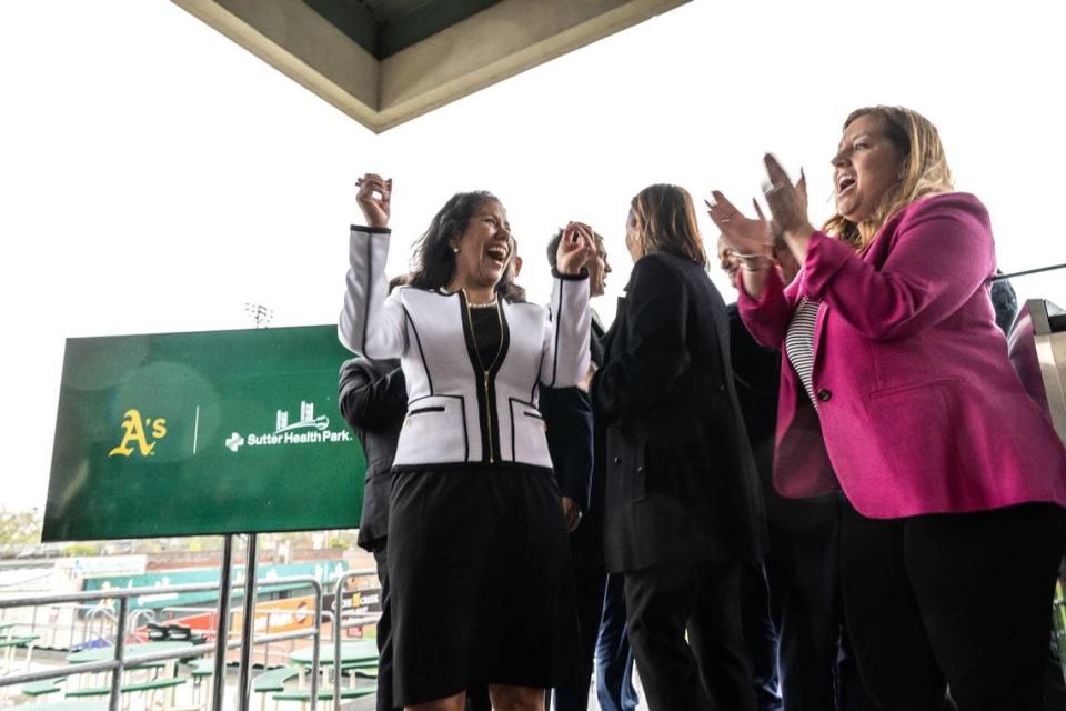West Sacramento Mayor Martha Guerrero and state Sen. Angelique Ashby, D-Sacramento, celebrate the announcement on Thursday, April 4, 2024, by Sacramento River Cats owner Vivek Ranadivé that the A’s will temporarily relocate to West Sacramento in 2025.