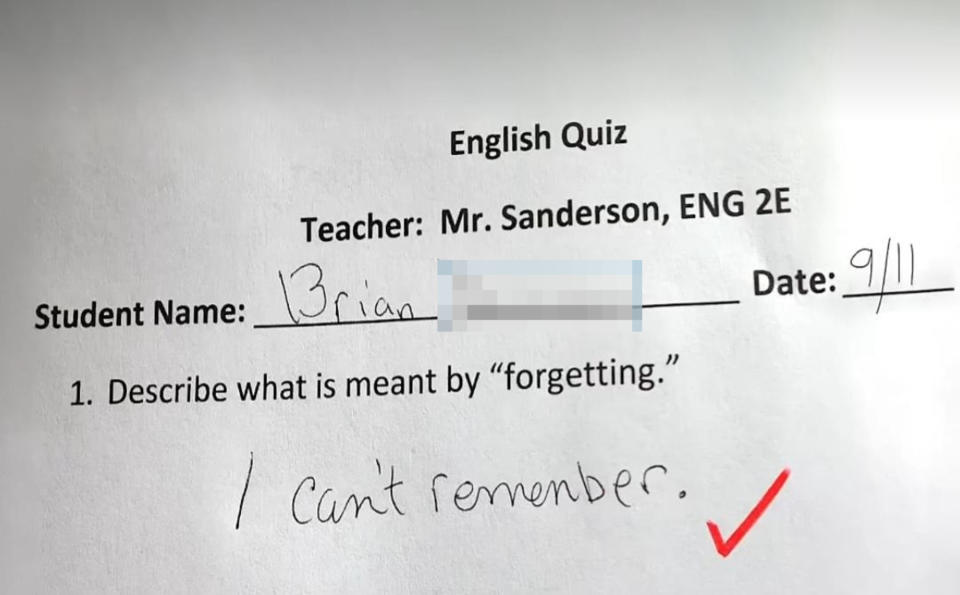 An English quiz paper shows a student's humorous answer to the question "Describe what is meant by 'forgetting.'" The student wrote, "I can't remember," with a red checkmark