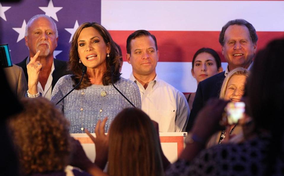 U.S. Congressman Lincoln Diaz Balart Congresswoman Ileana Ros-Lehtinen and lieutenant governor Carlos Lopez Cantera, joined candidate Maria Elvira Salazar,on stage as she wins the republican primary nomination for the U.S Congress district 27 to replace Ros-Lehtinen in Miami on Tuesday August 28, 2018