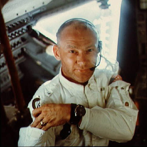 Apollo 11 astronaut Buzz Aldrin poses for a snapshot while inside the Lunar Module in this July 1969 NASA image. Aldrin and astronaut Neil Armstrong were the first humans to land and walk on the moon on July 20, 1969.