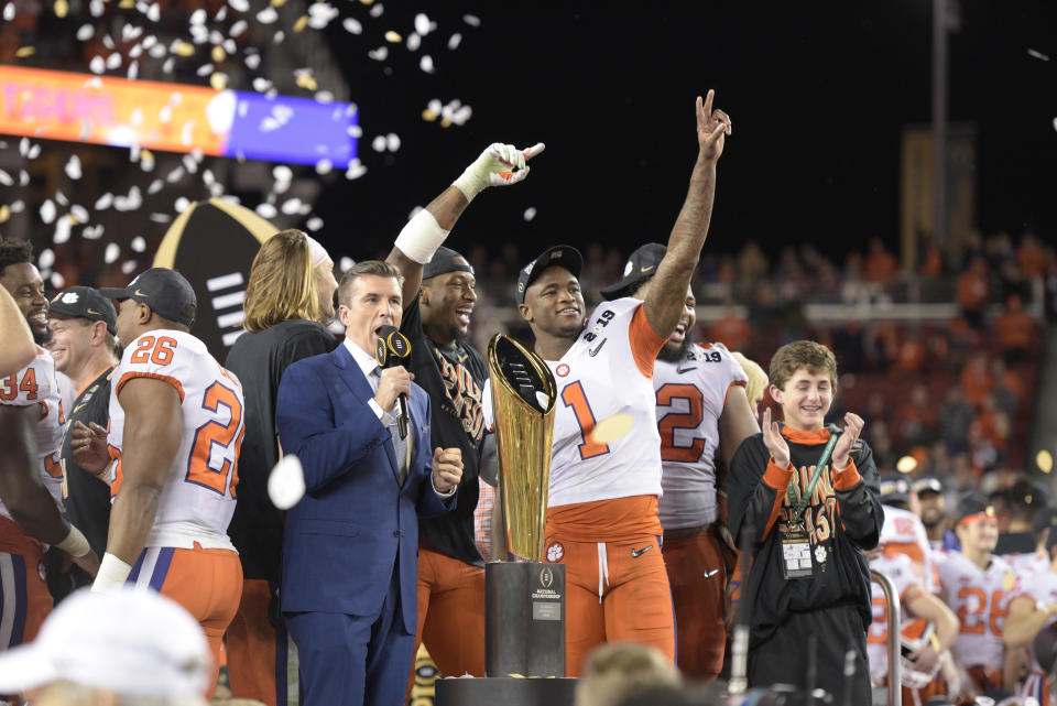 SANTA CLARA, CA - JANUARY 07: Clemson Tigers defensive end Clelin Ferrell (99) and cornerback Trayvon Mullen (1) celebrate after the Clemson Tigers defeated the Alabama Crimson Tide in the College Football Playoff National Championship game on January 7, 2019, at Levi's Stadium in Santa Clara, CA. (Photo by Douglas Stringer/Icon Sportswire via Getty Images)