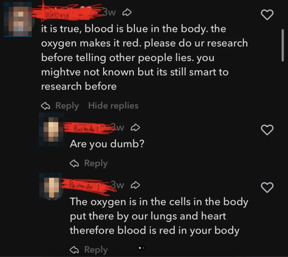 Screenshot of a social media debate where a user claims blood is blue inside the body, countered by others correcting it's always red due to oxygen