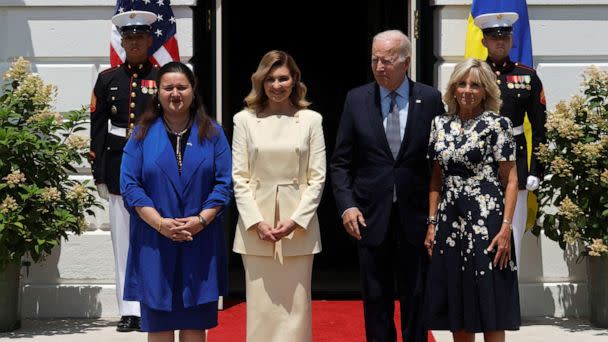 PHOTO: President Joe Biden and first lady Jill Biden welcome Ukrainian first lady Olena Zelenska and Ukrainian ambassador to the U.S. Oksana Markarova at the White House in Washington, July 19, 2022. (Jonathan Ernst/Reuters)