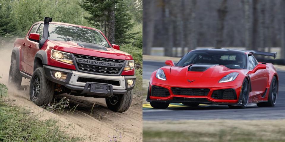 <p>Really, you could pick any Colorado and <a href="https://www.caranddriver.com/chevrolet/corvette" rel="nofollow noopener" target="_blank" data-ylk="slk:any Corvette;elm:context_link;itc:0;sec:content-canvas" class="link ">any Corvette</a>, but these are the ultimates. Thanks to trick Multimatic shocks, <a href="https://www.caranddriver.com/chevrolet/colorado" rel="nofollow noopener" target="_blank" data-ylk="slk:the Colorado ZR2;elm:context_link;itc:0;sec:content-canvas" class="link ">the Colorado ZR2</a> is an amazing off-roader with great on-road abilities. Also, it looks just right. <a href="https://www.caranddriver.com/chevrolet/corvette-zr1" rel="nofollow noopener" target="_blank" data-ylk="slk:The ZR1;elm:context_link;itc:0;sec:content-canvas" class="link ">The ZR1</a>? It's a 755-hp weapon that blasted to 60 mph in just 3.1 seconds in <em>C/D</em> testing.</p>