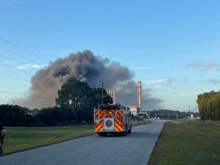 An emergency vehicle headed toward the Symrise plant in Brunswick, GA after explosions and fire were reported Monday morning. Nov. 7, 2022.