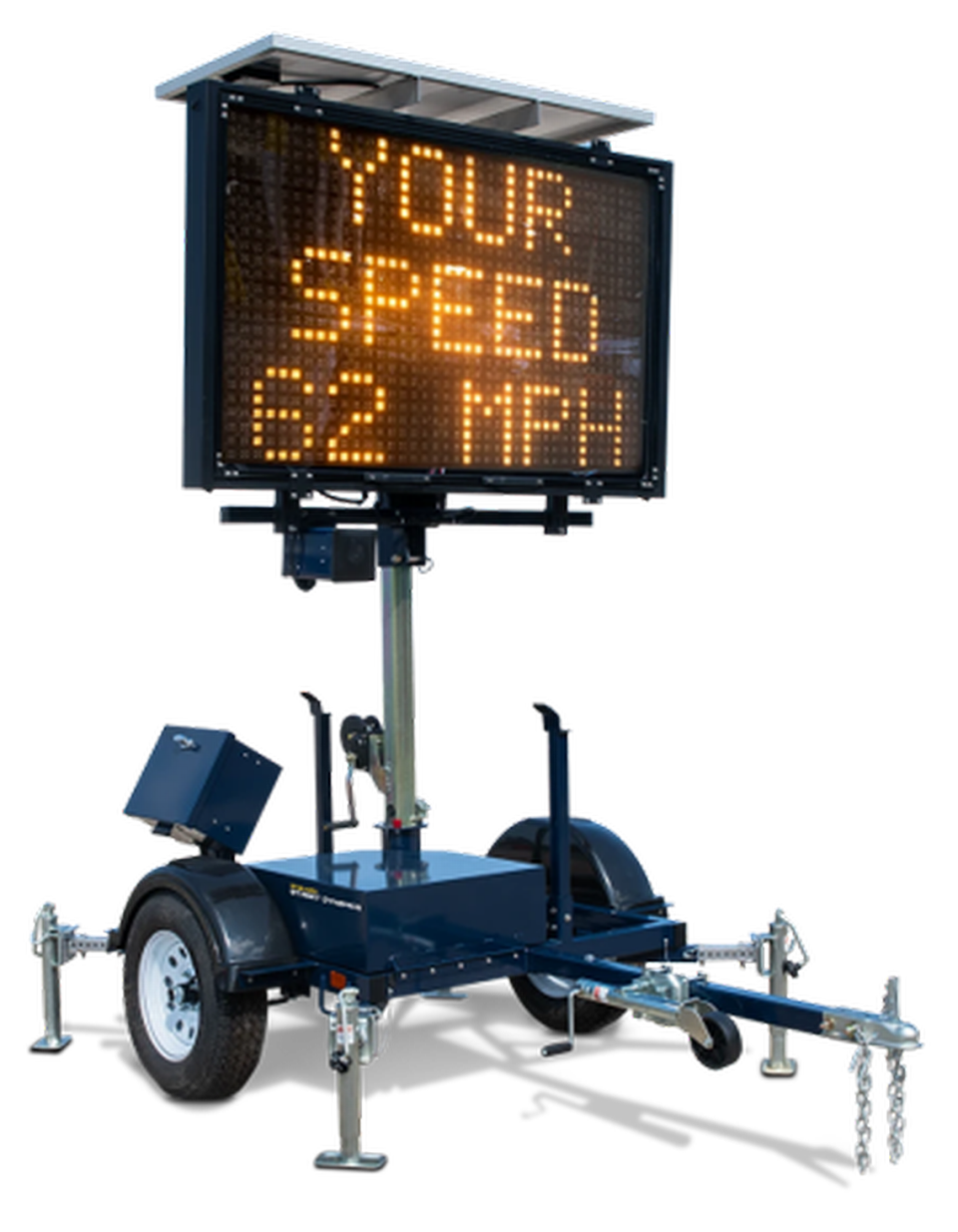 A trailer that flashes blue lights similar to those found on law enforcement vehicles and shows the speed of oncoming traffic. The N.C. Department of Transportation uses trailers like these at road construction sites around the state to try to persuade drivers to slow down.