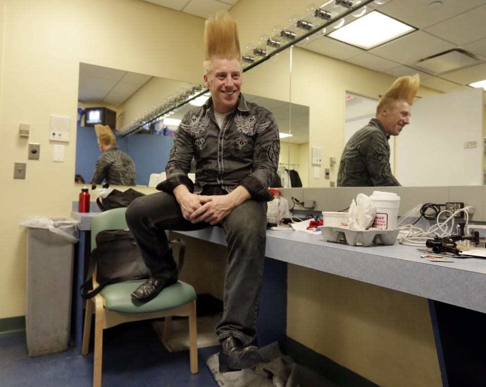 This March 23, 2013 photo shows performer Bello Nock in his dressing room at the New Victory Theater, before performing in "Bello Mania," in New York. Nock, a seventh-generation circus performer, is never offstage during the 90-minute performance, which combines slapstick clowning with death-defying aerial stunts. He performs through March 31 at the New Victory before moving on to the Canadian side of Niagara Falls and then a 10-week stint at the Beau Rivage Casino in Biloxi, Miss. (AP Photo/Richard Drew)