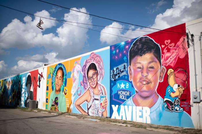 Murals honoring those who died during the Robb Elementary School shooting in Uvalde, Texas, on Nov. 7, 2022.