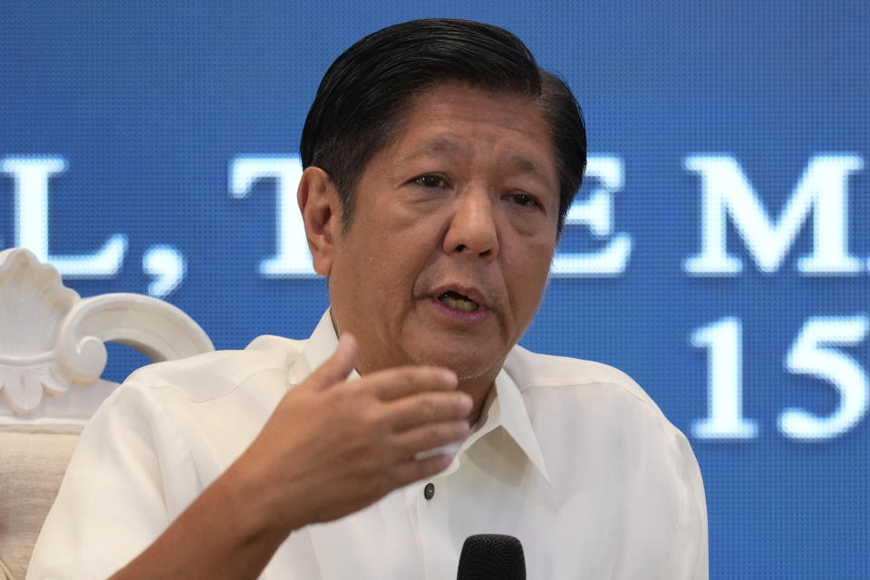 Philippine President Ferdinand Marcos Jr. answers questions during a forum of the Foreign Correspondents Association of the Philippines on Monday, April 15, 2024, in Manila, Philippines. (AP Photo/Aaron Favila)