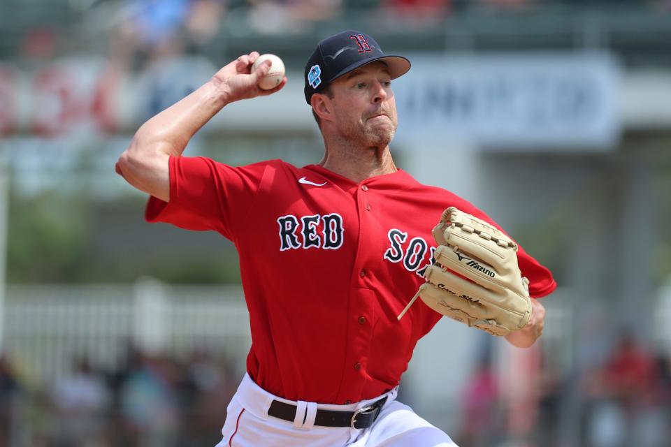 Mar 10, 2023; Fort Myers, Florida, USA;  Boston Red Sox starting pitcher Corey Kluber (28) throws a pitch during the first inning against the Toronto Blue Jays at JetBlue Park at Fenway South. Mandatory Credit: Kim Klement-USA TODAY Sports