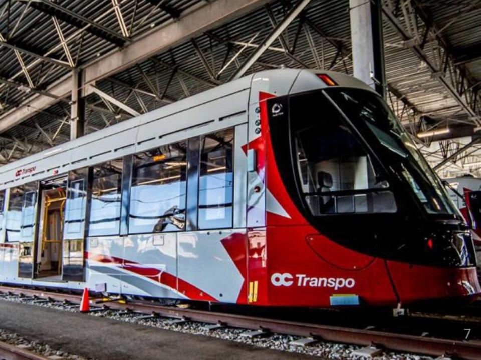 A file photo of light rail train cars in an OC Transpo maintenance and storage yard in 2019. Two cars collided in a yard like this on Nov. 8, 2021. (City of Ottawa - image credit)