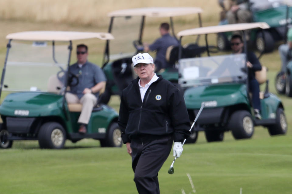 US President Donald Trump plays a round of golf on the Trump Turnberry resort in South Ayrshire, where he and first lady Melania Trump are spending the weekend. (Photo by Jane Barlow/PA Images via Getty Images)