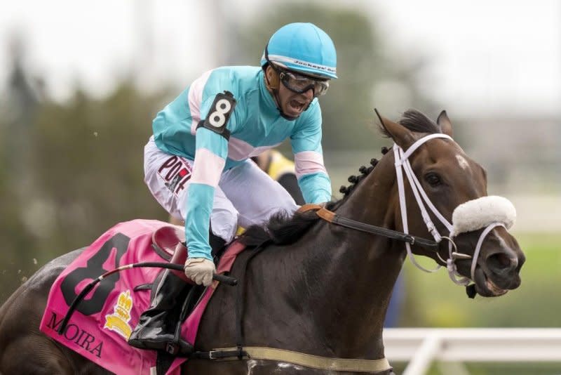 Moira and jockey Rafael Hernandez, are shown winning the 2022 Queen's Plate, are favorites in Sunday's Grade II Dance Smartly Stakes at Woodbine. Michael Burns photo, courtesy of Woodbine
