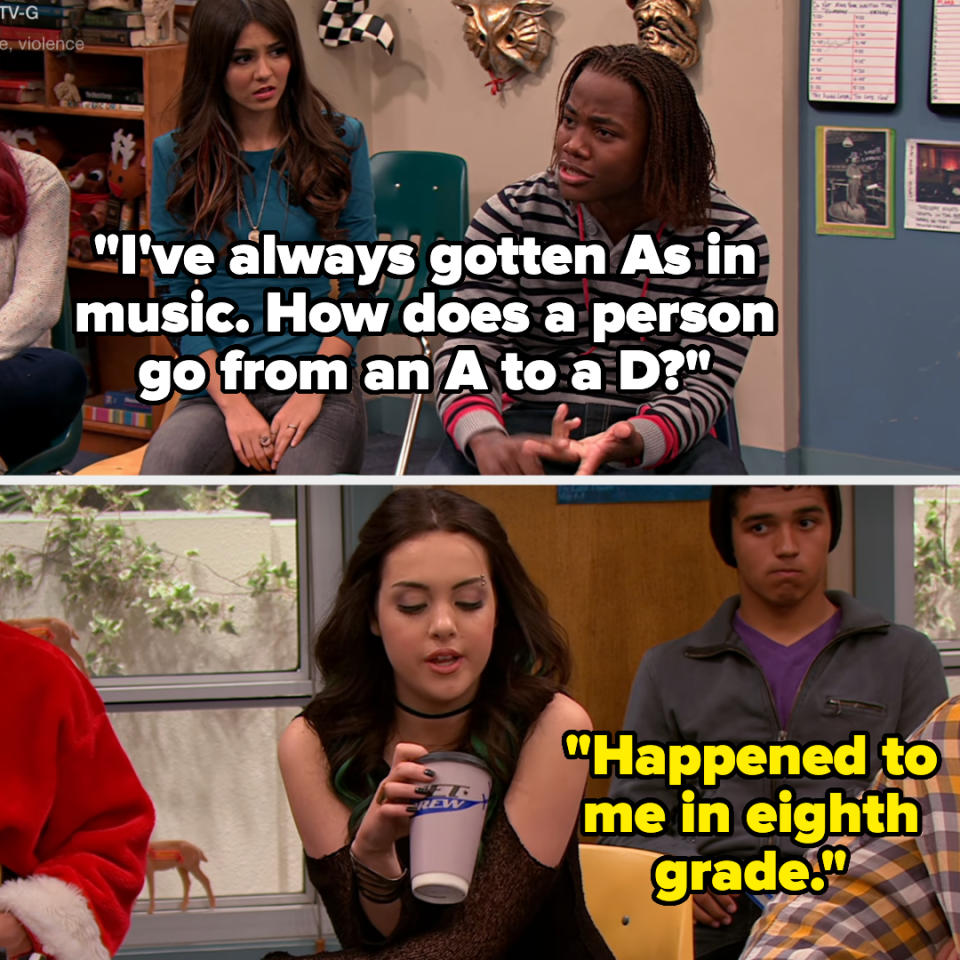 Two scenes from a TV show featuring characters CeCe Jones and Rocky Blue with text quotes from their dialogue