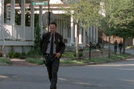 <p><strong>Season 5, Forget</strong><br>Just three episodes before series pilot pals Rick and Morgan are reunited, new town constable Rick is walking through Alexandria, waving at new pal Jessie (and her rotten hubby, Pete) and checking stuff and thangs for safety. One of the streets he passes: Morgan Street, a nod to the fact that Morgan would soon arrive. (Photo: AMC) </p>