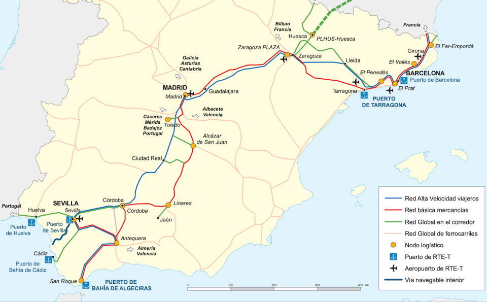 Corredor central. <a href="https://www.mitma.gob.es/recursos_mfom/111019mapasredestranseuropeastransportes.pdf" rel="nofollow noopener" target="_blank" data-ylk="slk:Ministerio de Fomento;elm:context_link;itc:0;sec:content-canvas" class="link ">Ministerio de Fomento</a>