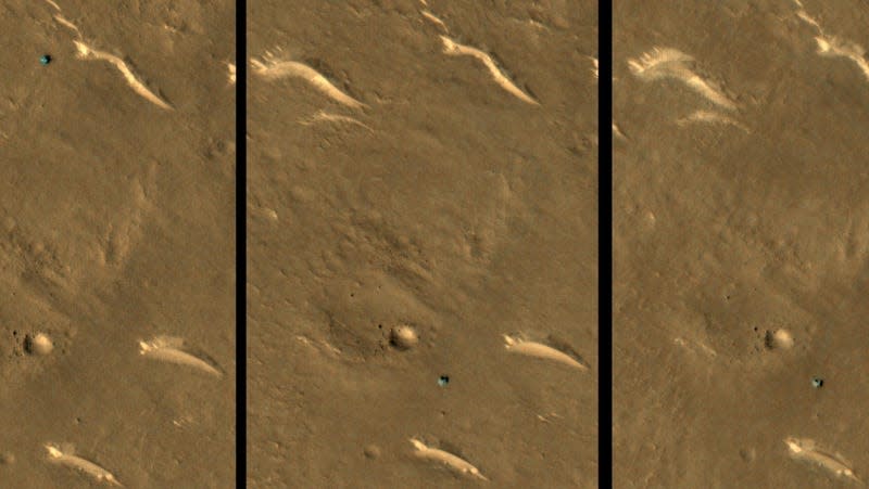 A cutout of 3 images taken of the Zhurong rover from March 2022 to February 2023.