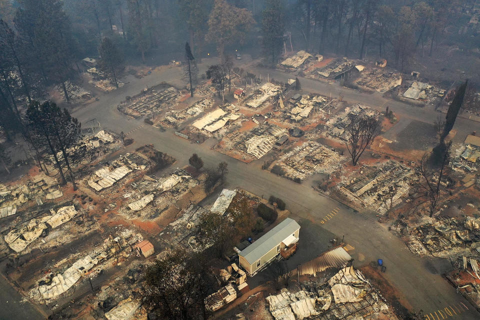 An aerial view of a neighborhood destroyed by the Camp Fire on November 15, 2018 in Paradise, California. / Credit: Justin Sullivan / Getty Images