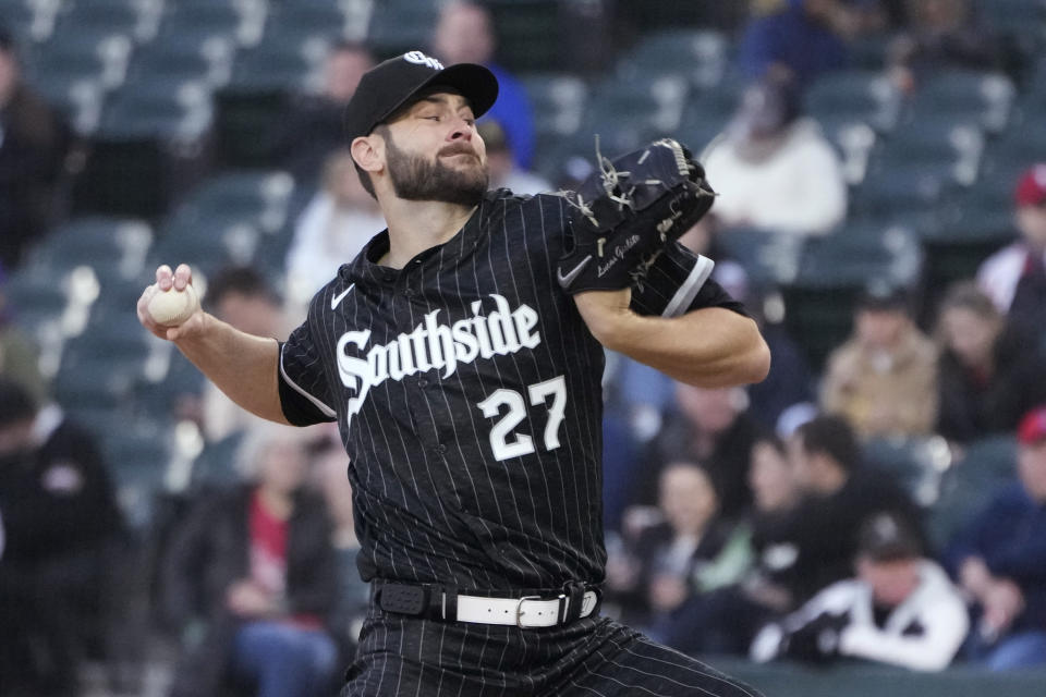 Chicago White Sox starting pitcher Lucas Giolito delivers during the second inning in the second game of the baseball team's doubleheader against the Philadelphia Phillies on Tuesday, April 18, 2023, in Chicago. (AP Photo/Charles Rex Arbogast)