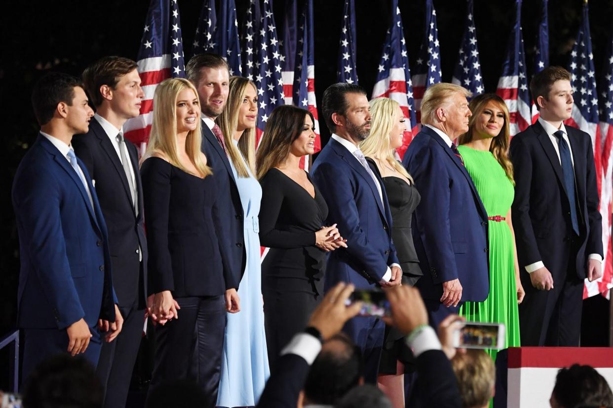 Barron Trump, First Lady Melania Trump, US President Donald Trump, Tiffany Trump, Donald Trump Jr., Kimberly Guilfoyle, Lara Trump, Eric Trump, Ivanka Trump, Jared Kushner and Michael Boulos